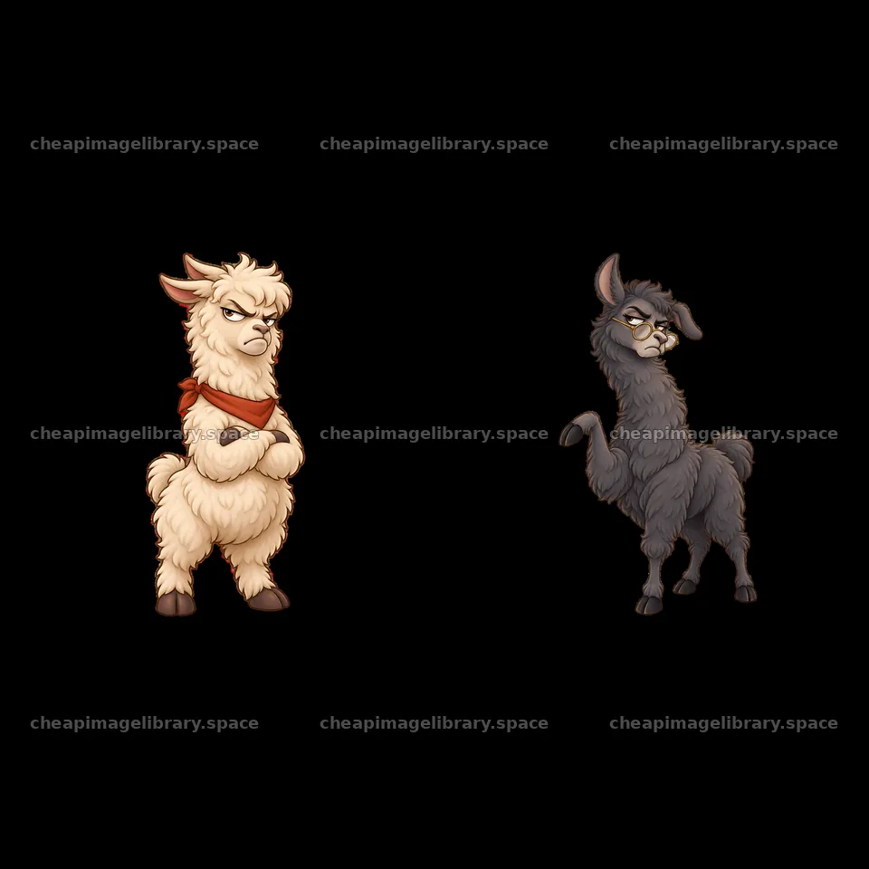 Grumpy llama characters with distinct poses and expressions – image library 7746x7746