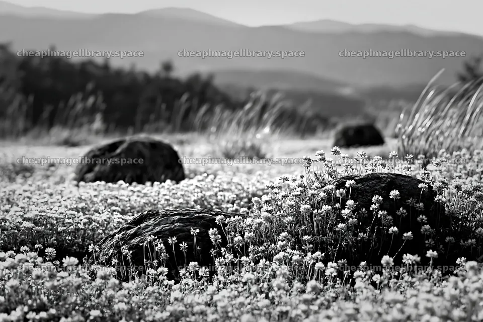 Kyoto spring wildflower meadow stone foreground – image library 9722x6480