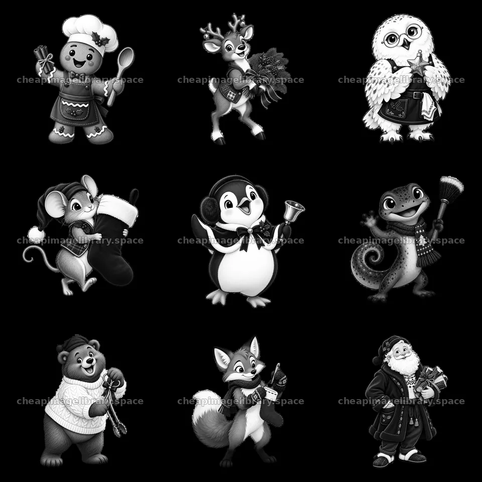 Cartoon characters celebrating Christmas by a fireplace – image library 7746x7746