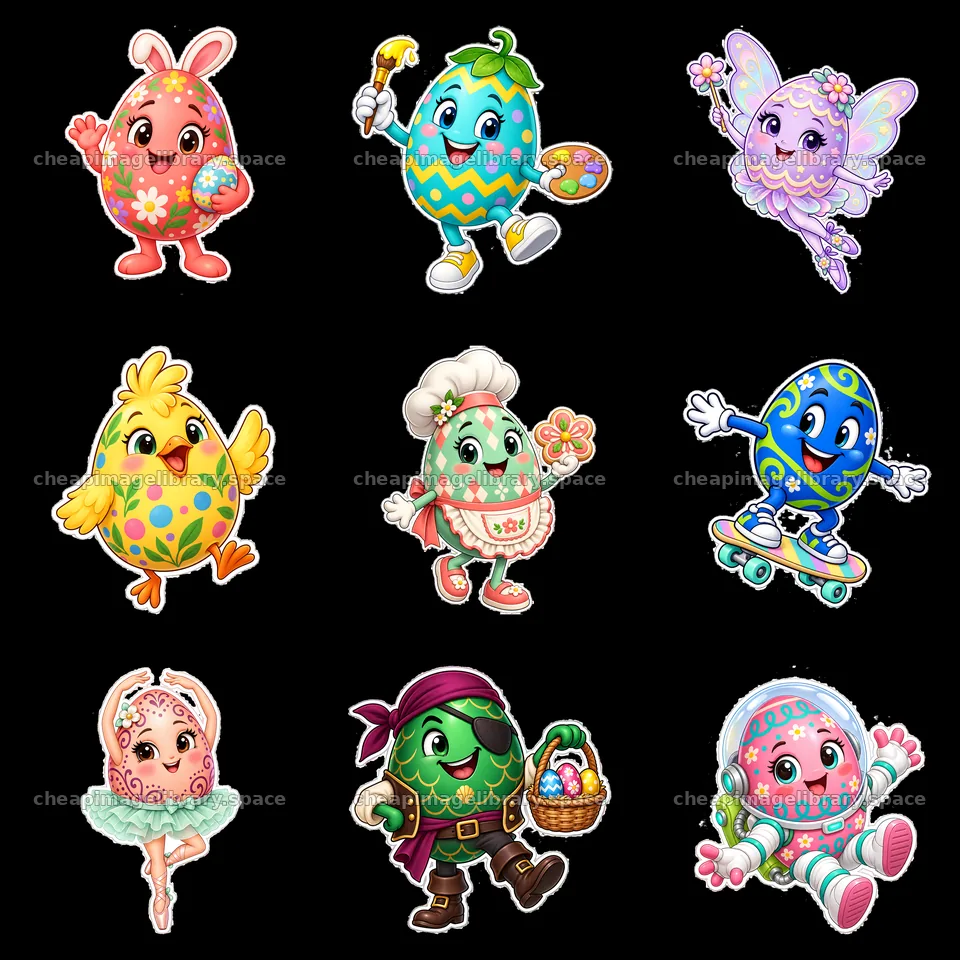 Colorful cartoon characters and Easter eggs in a 3x3 layout – image library 7746x7746