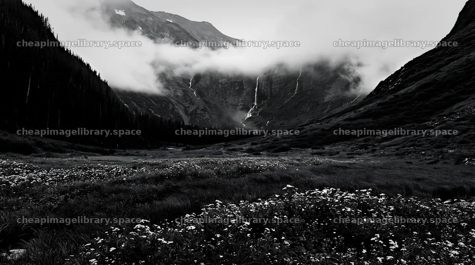 Misty mountain waterfall in meadow landscape with clouds – image library 10608x5938