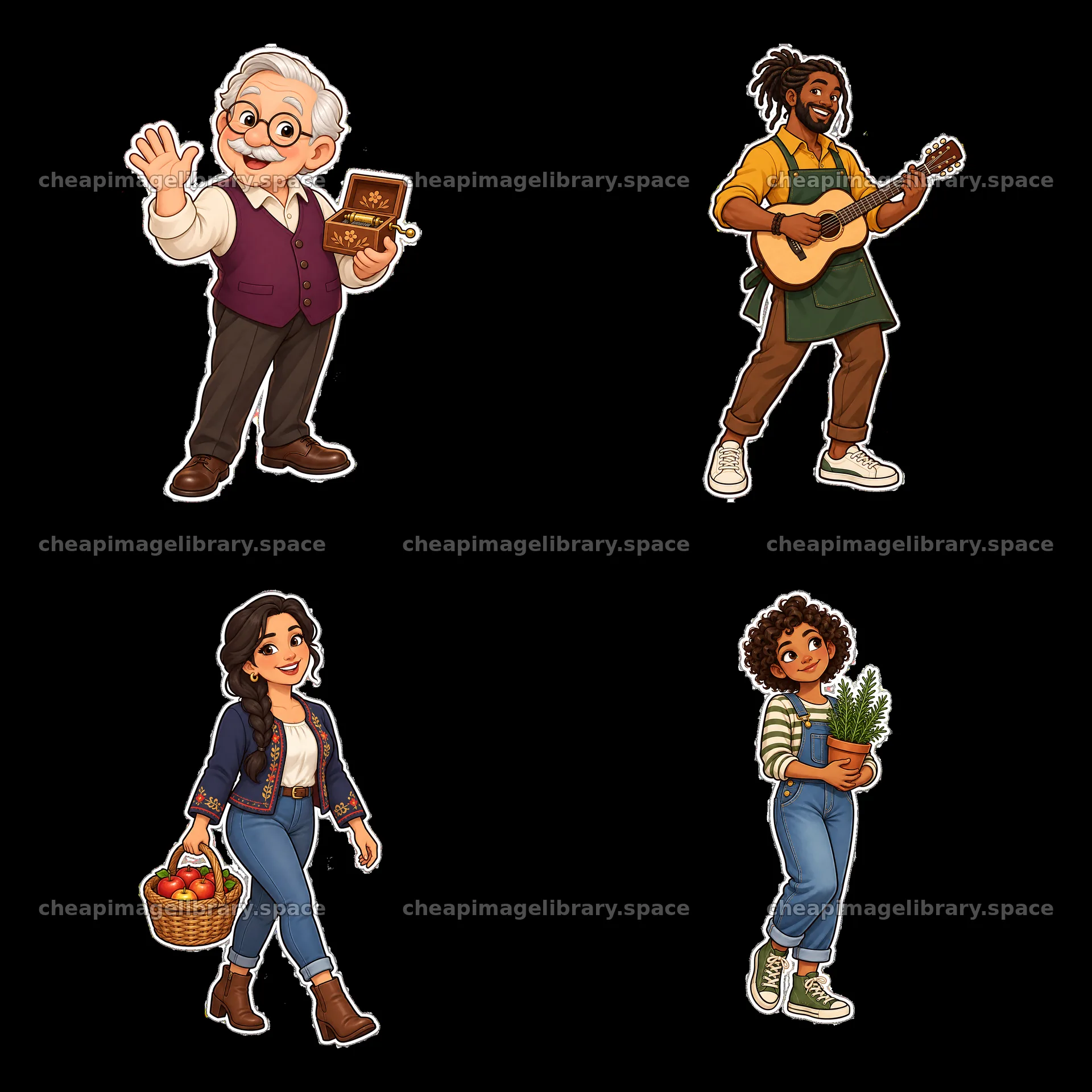 Four diverse characters engaged in family activities – image library 7746x7746