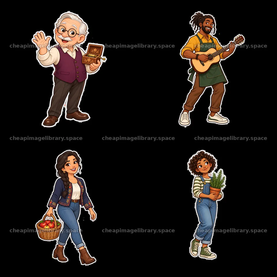 Four diverse characters engaged in family activities – image library 7746x7746