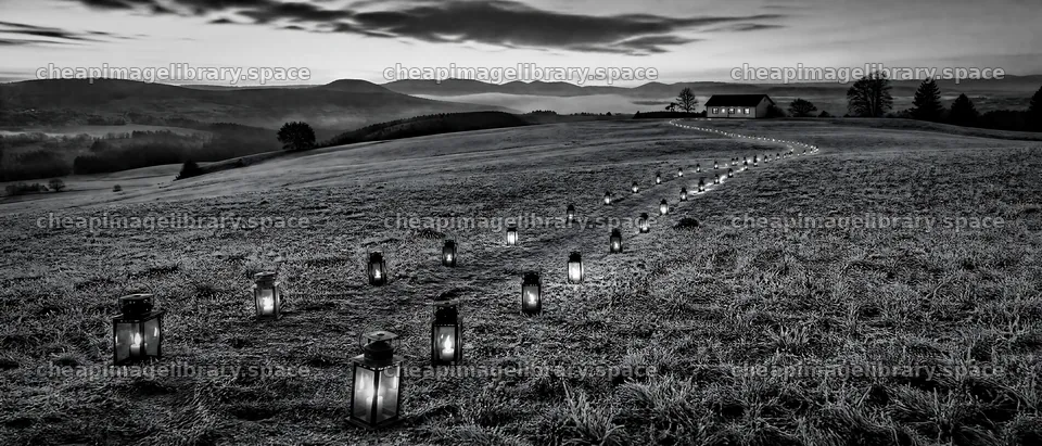 Colorful lanterns lighting a path across a meadow at dusk – image library 12124x5196