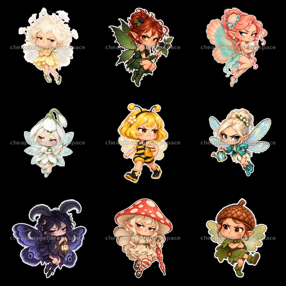 Kawaii grumpy fairies in various outfits and poses arranged in a – image library 7746x7746