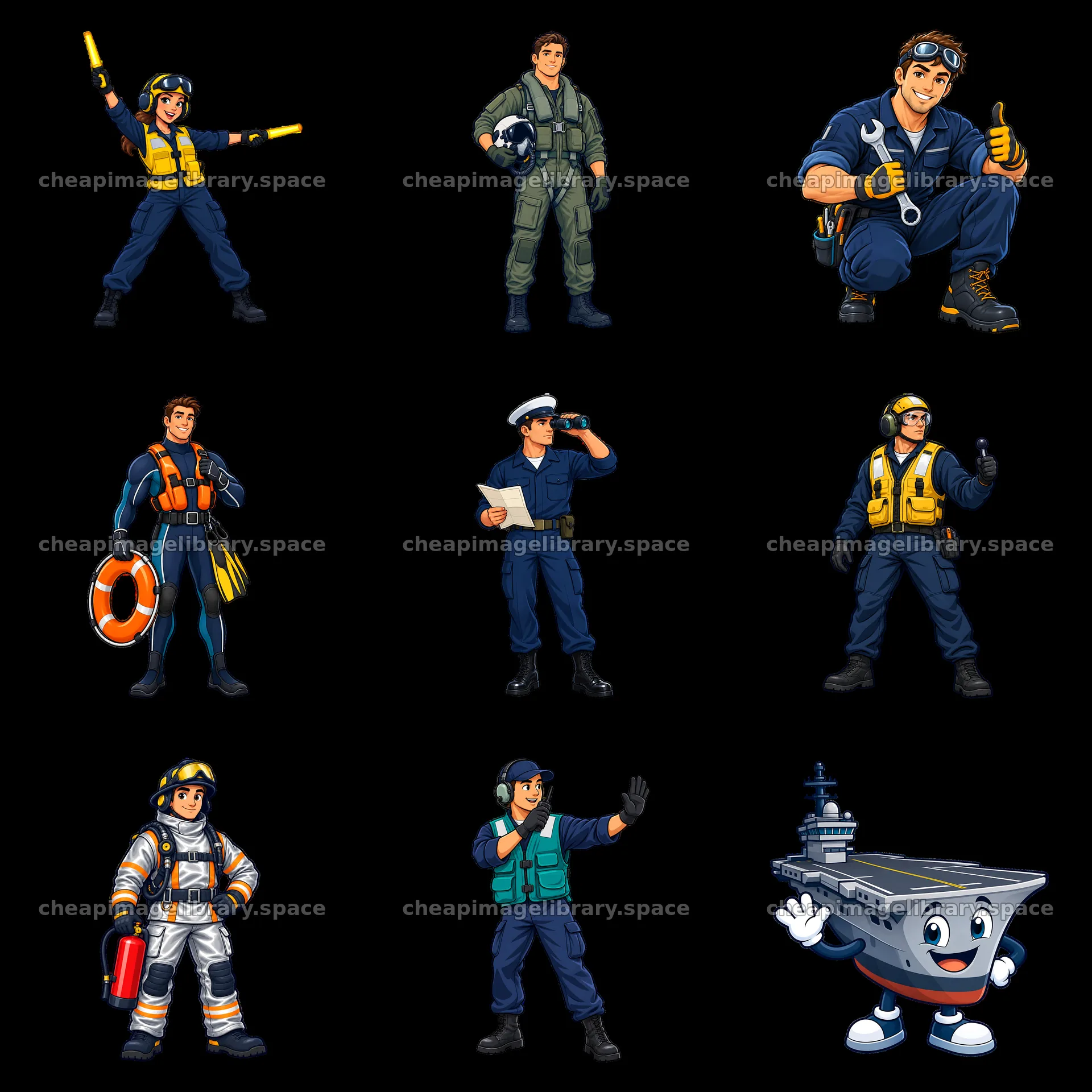 Cartoon sticker set of military personnel on aircraft carrier – image library 7746x7746