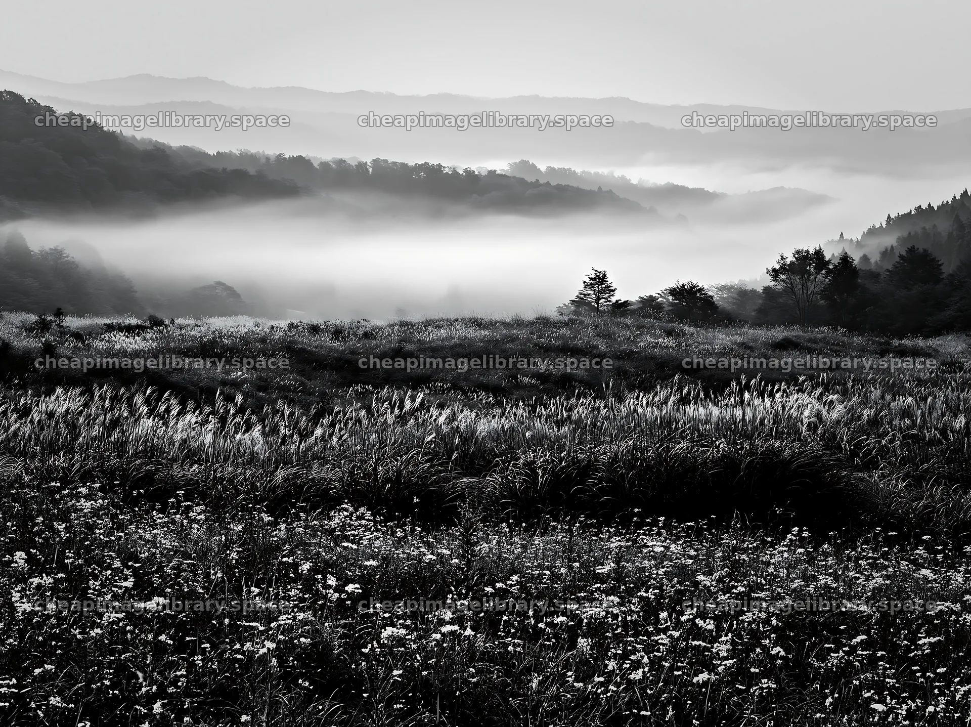 Climate-resilient meadow and misty hills in the background – image library 9174x6866