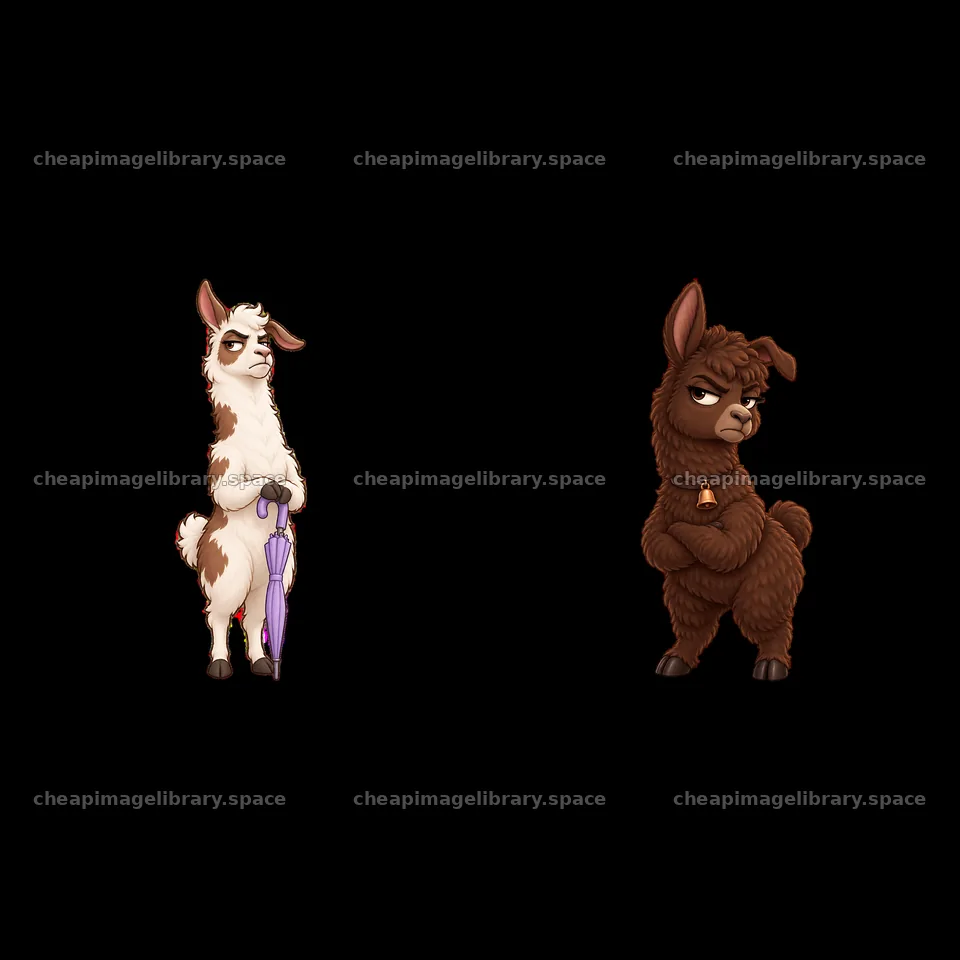 Grumpy Llama cartoon sticker illustration with umbrella and pose – image library 7746x7746