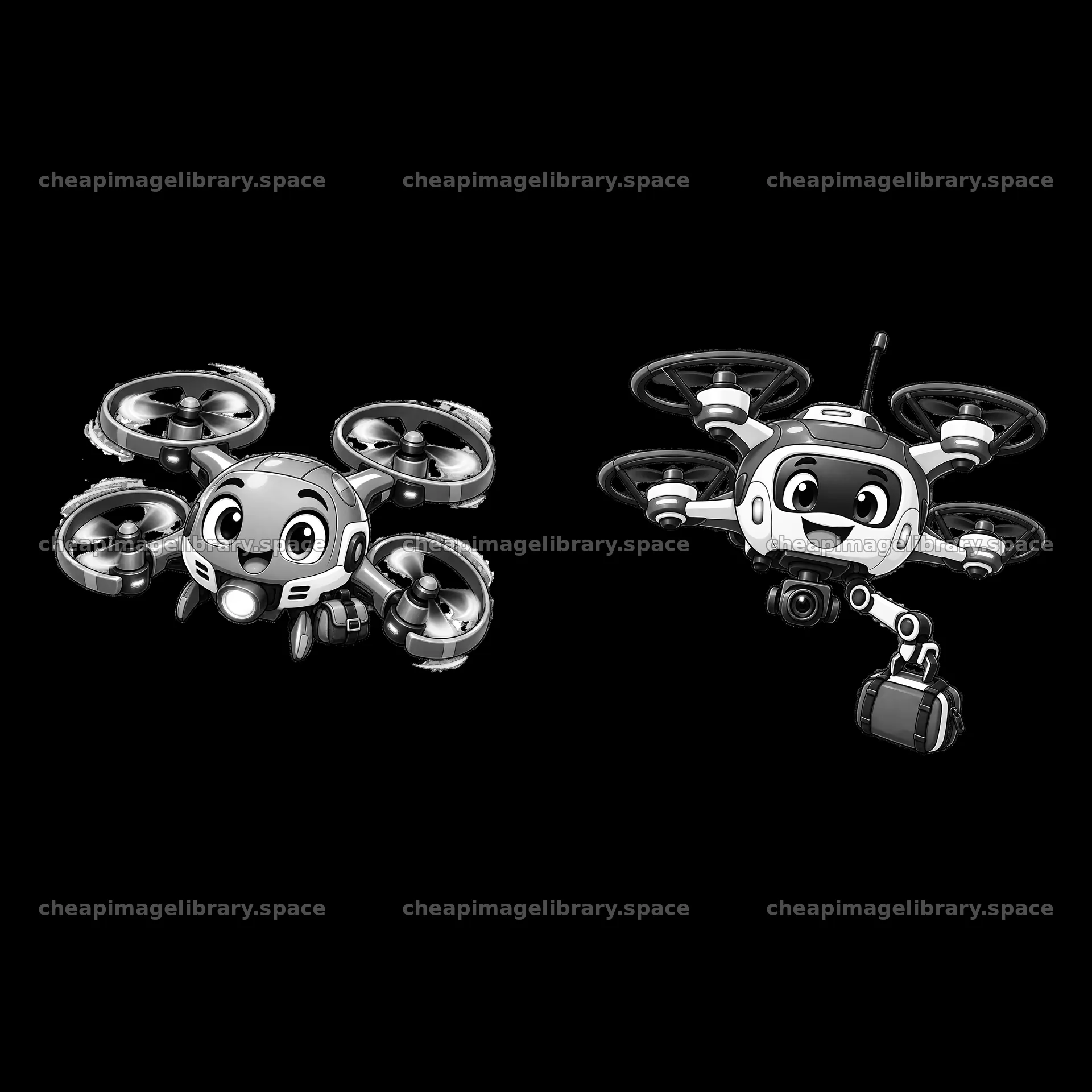 Cartoon drone characters with smiling faces and camera details – image library 7746x7746