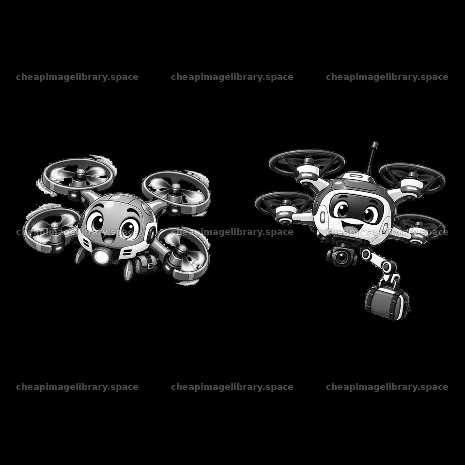 Cartoon drone characters with smiling faces and camera details – image library 7746x7746