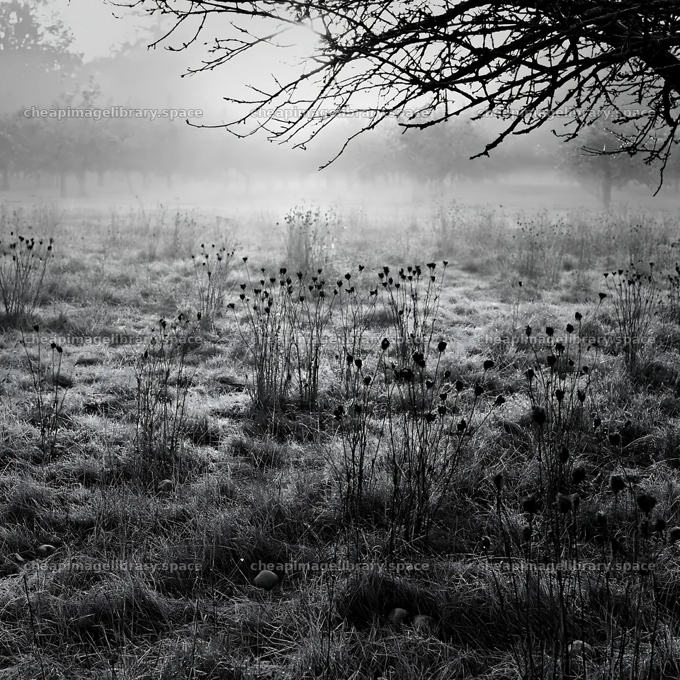 Foggy orchard meadow with dried plants in early morning light – image library 7938x7938