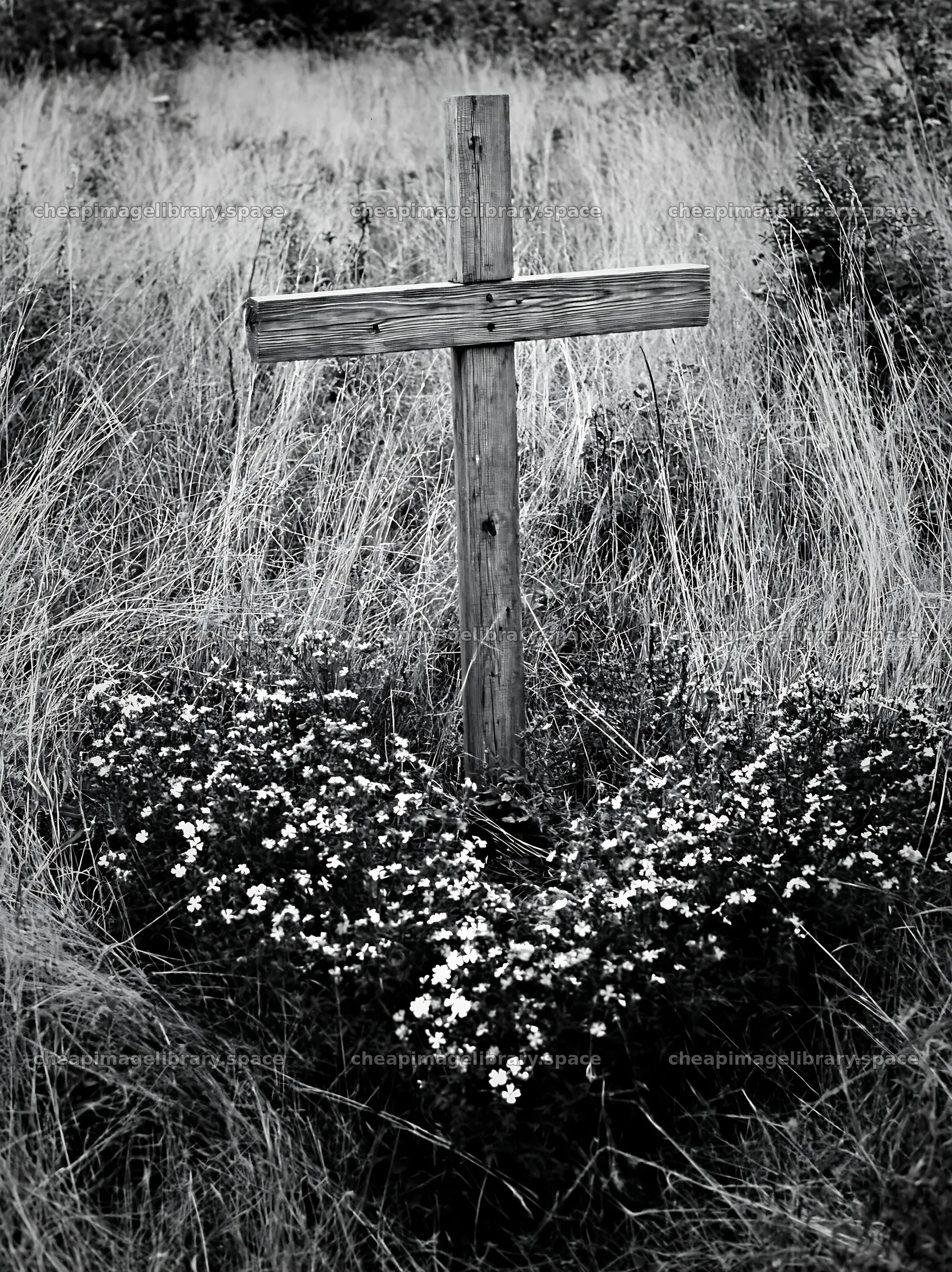 Wooden cross in a Christmas meadow with flowers around – image library 6866x9174