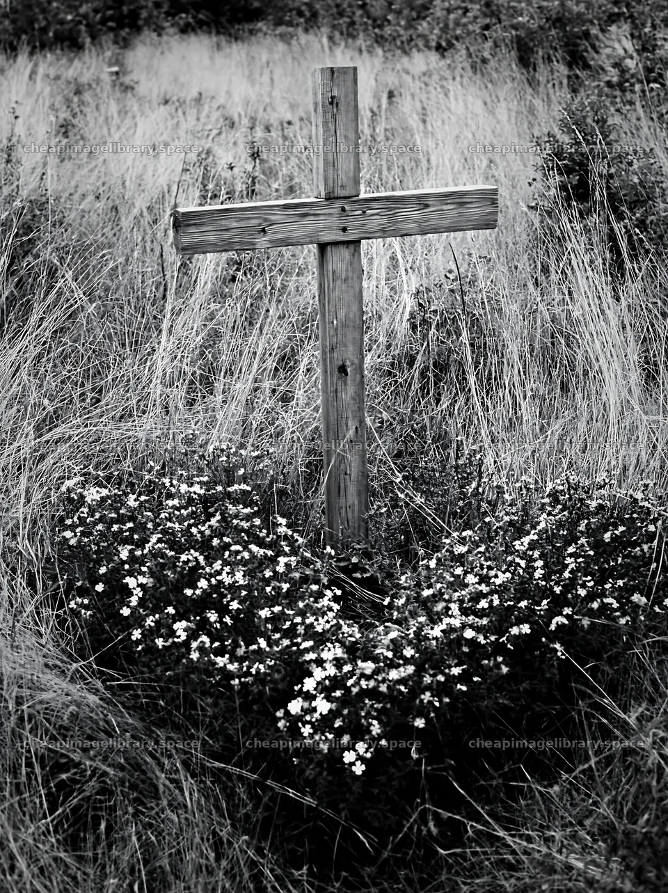 Wooden cross in a Christmas meadow with flowers around – image library 6866x9174