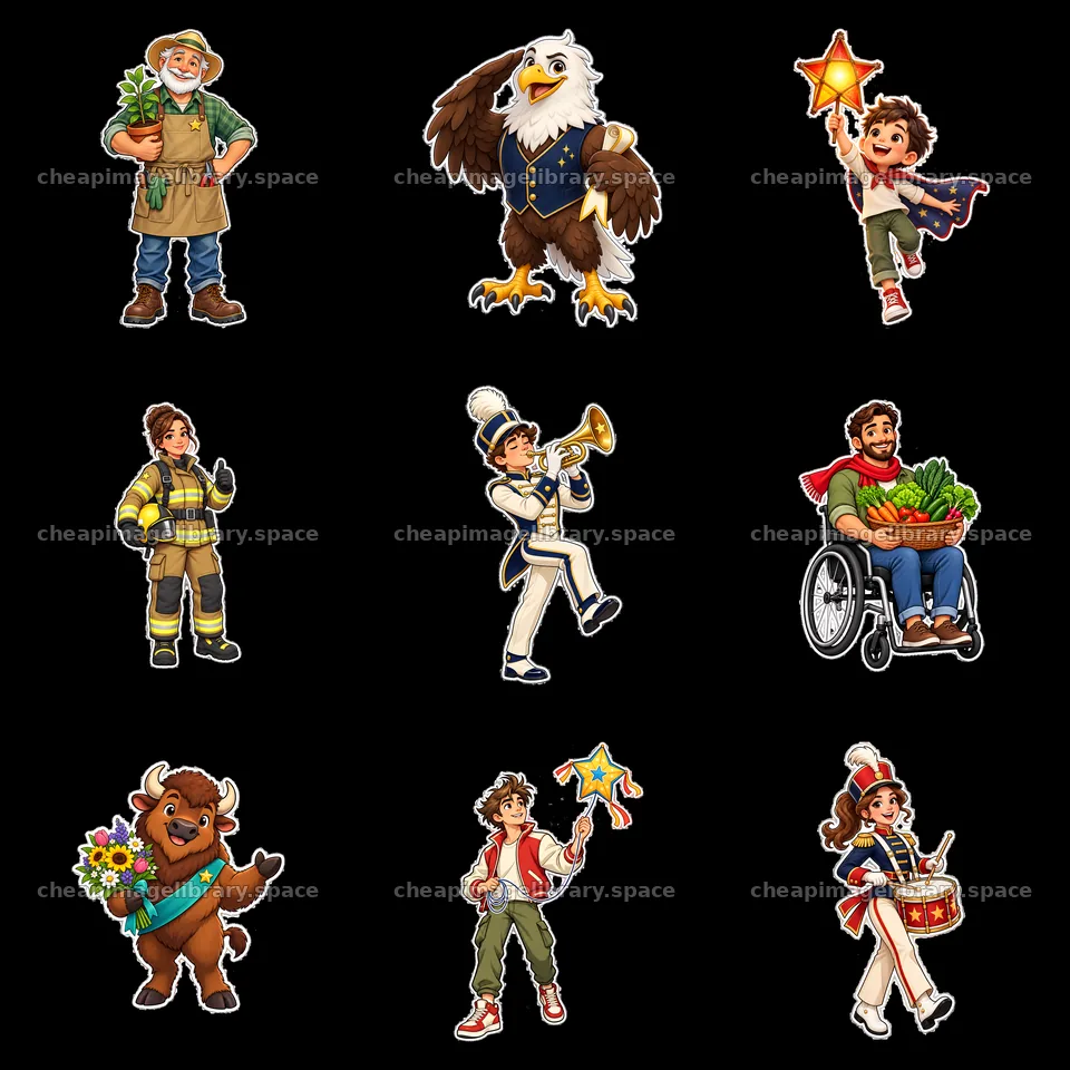 Characters celebrating patriotism in a 3x3 grid of stickers – image library 7746x7746