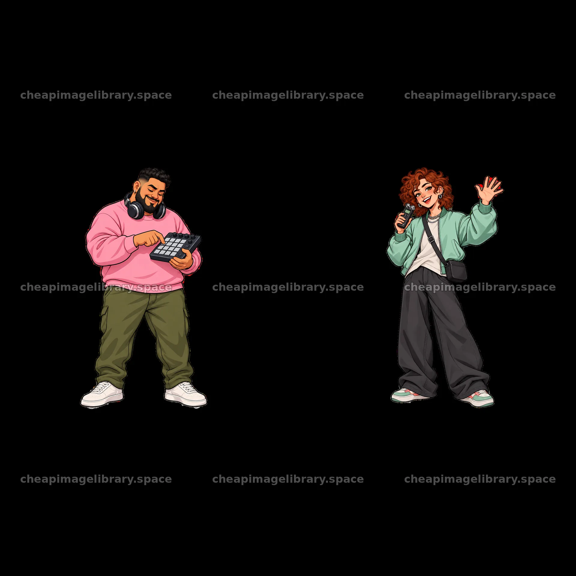 Hip-hop artists with music gear in playful illustration – image library 7746x7746