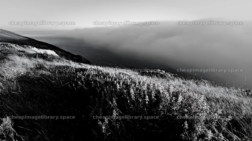 Regenerative meadow overlooking foggy ocean view – image library 10608x5938