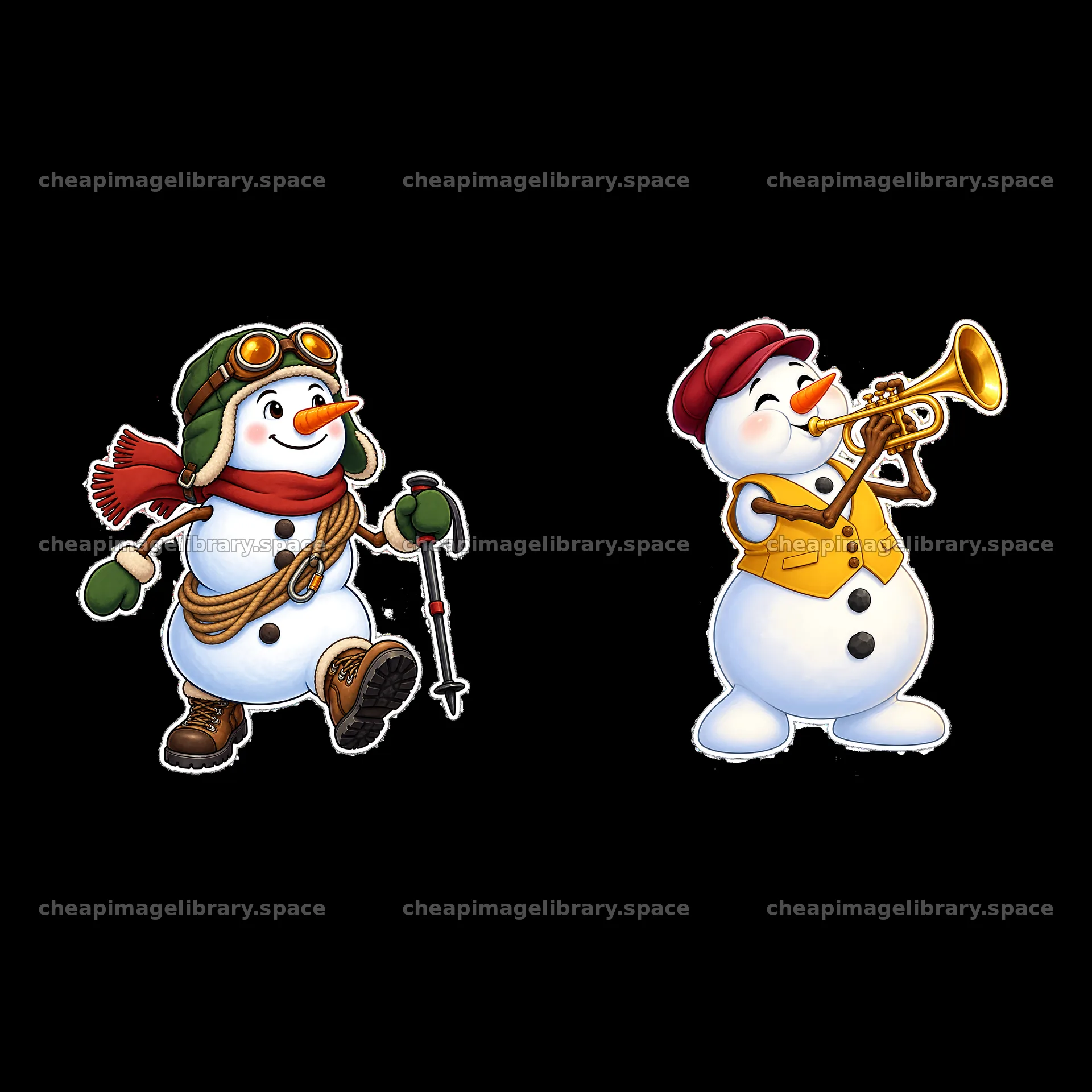 Snowman in hiking gear walking next to snowman playing trumpet – image library 7746x7746