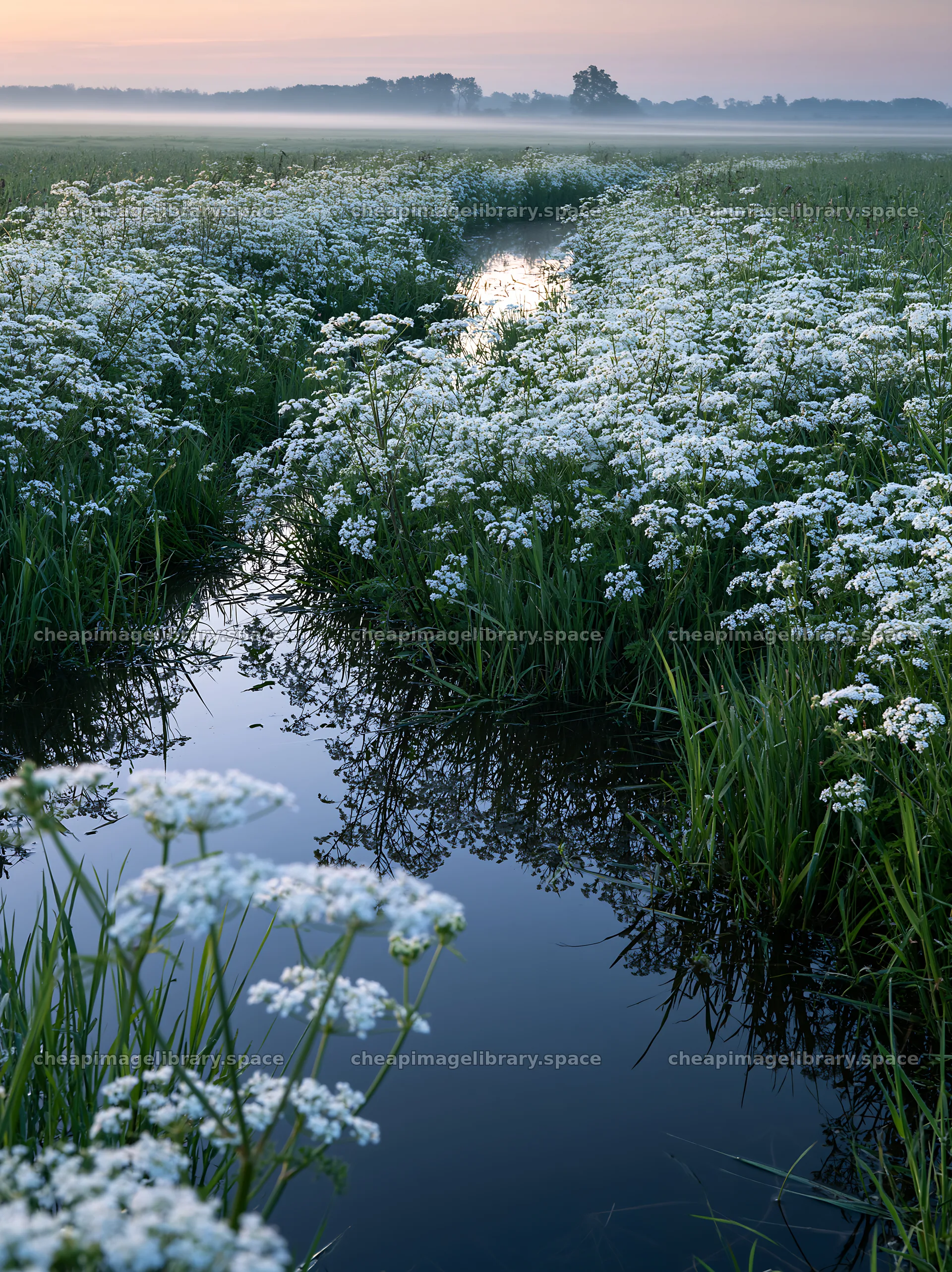 Cow parsley meadow with water reflections at dawn – image library 6866x9174