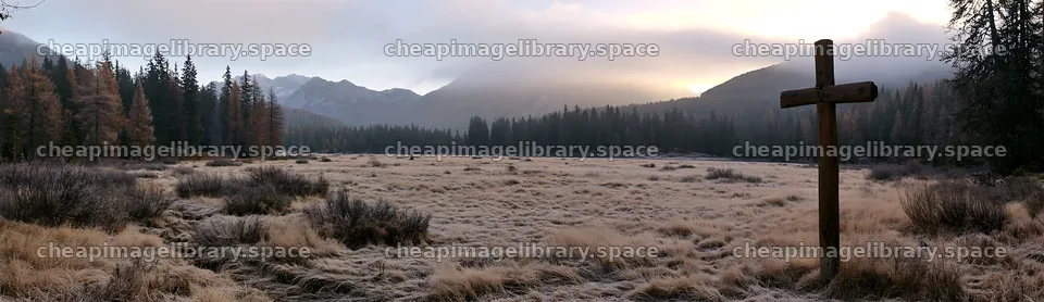 Carved oak cross stands in frosted meadow at dawn – image library 14762x4268