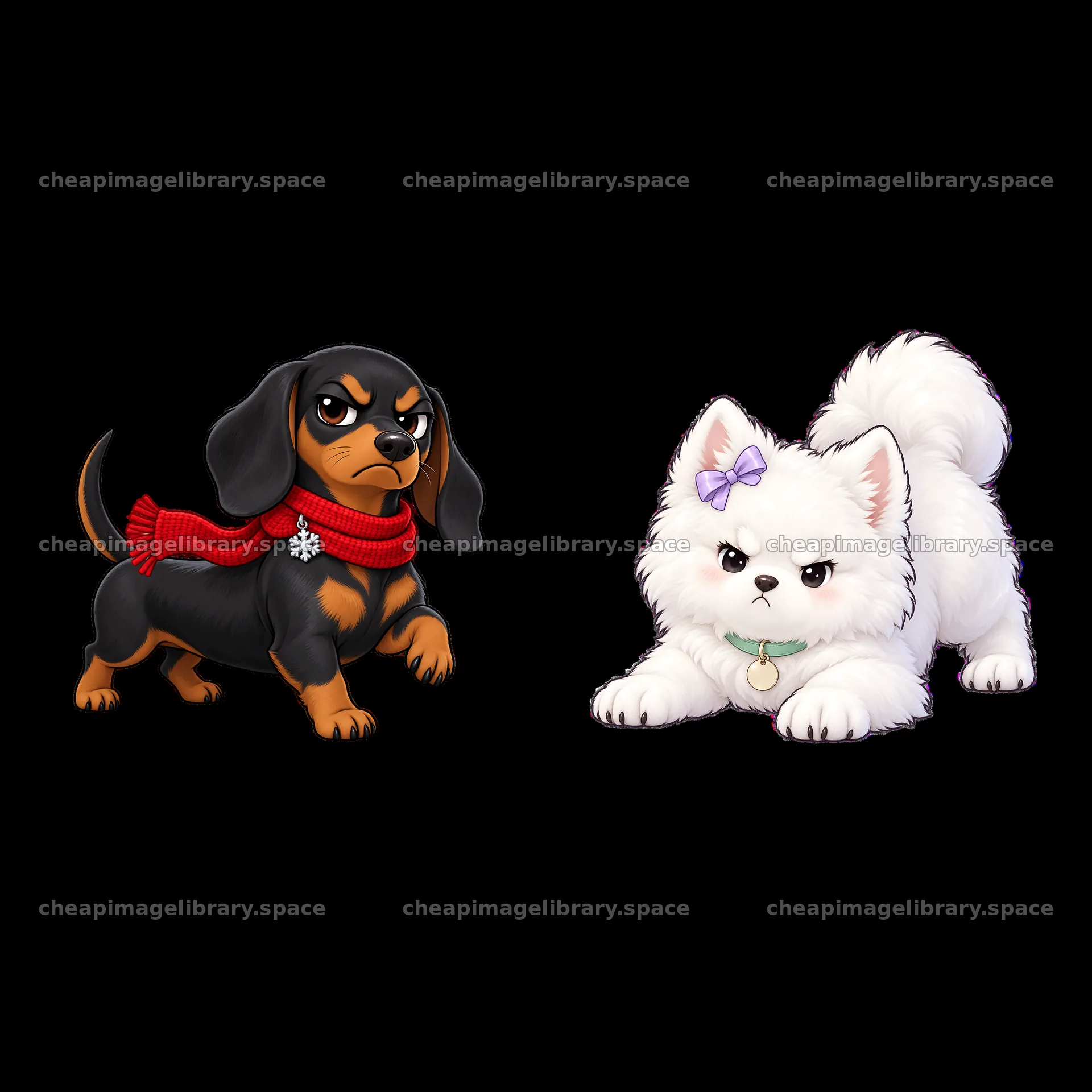 Kawaii grumpy dog duo with a black and tan dog and a fluffy white – image library 7746x7746