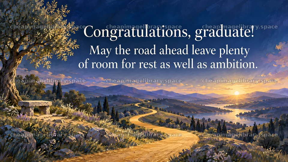 Graduation Greeting Over a Winding Sunset Road – image library 10324x5812