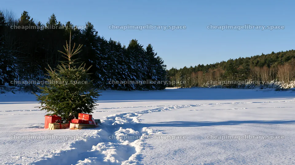 Snowy field with Christmas presents and a tree – image library 10608x5938