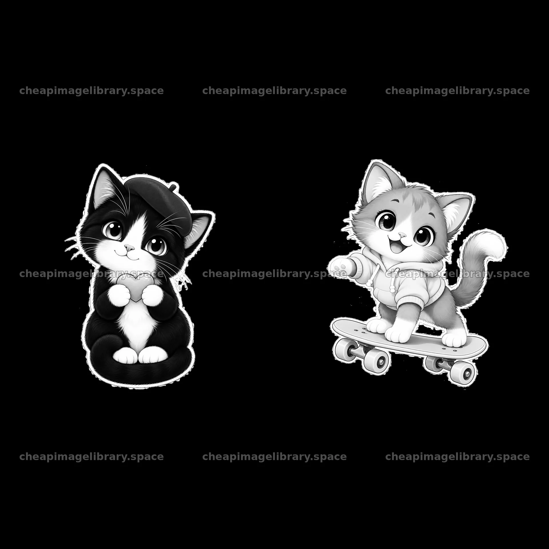 Kawaii cat sticker pair with one in a beanie and one on a skateboard – image library 7746x7746