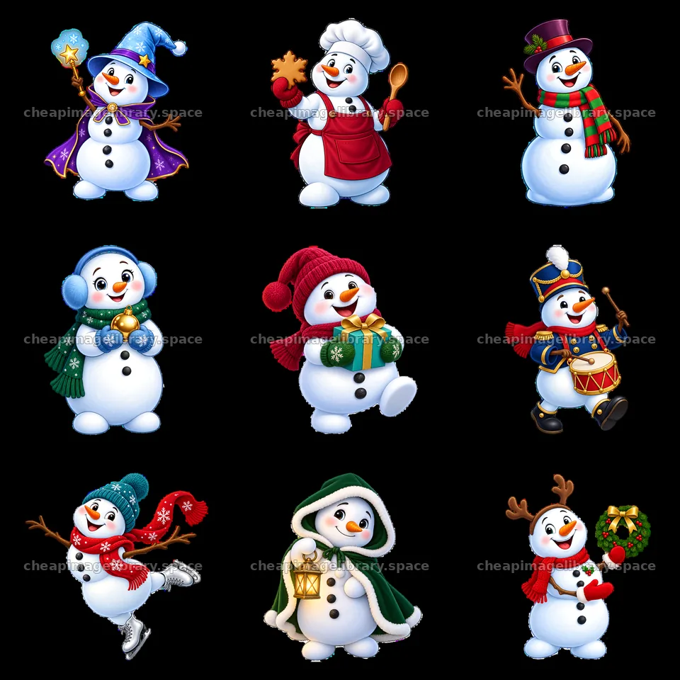 Snowman stickers in festive holiday outfits and activities – image library 7746x7746