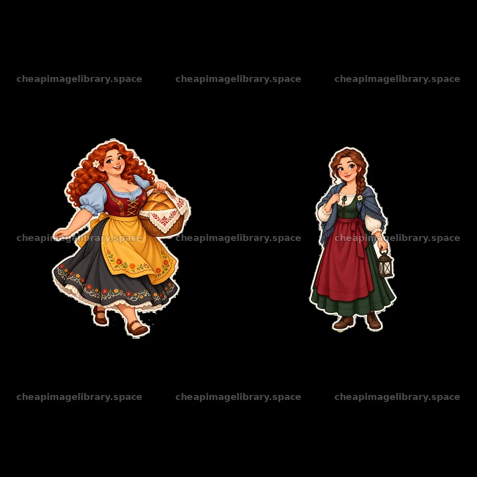 Women in traditional folk dress carrying items – image library 7746x7746