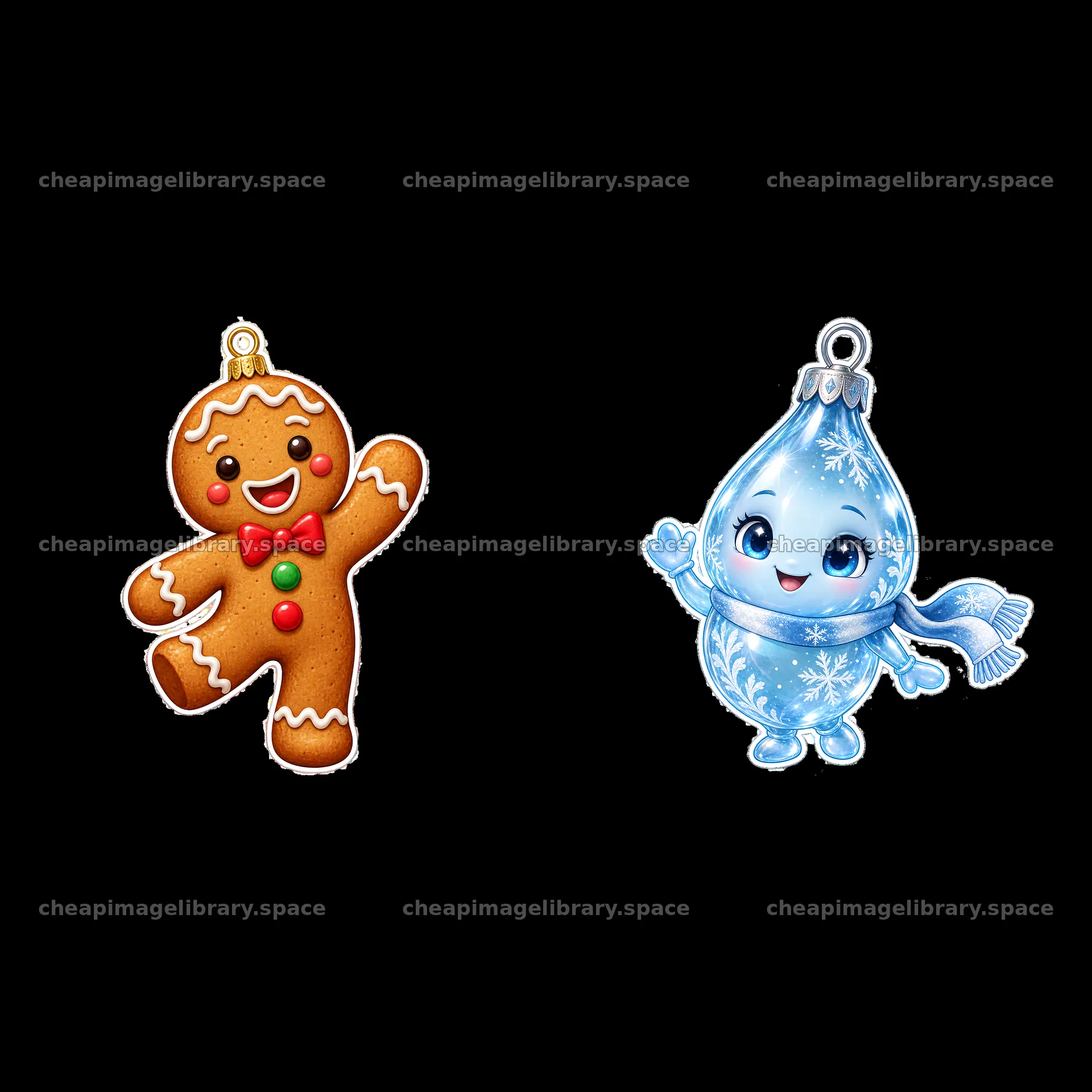 Gingerbread man and blue ornament cartoon sticker pair – image library 7746x7746