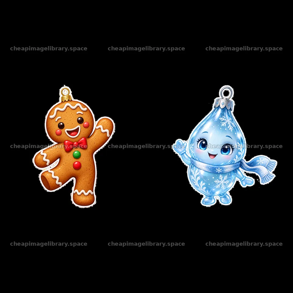 Gingerbread man and blue ornament cartoon sticker pair – image library 7746x7746