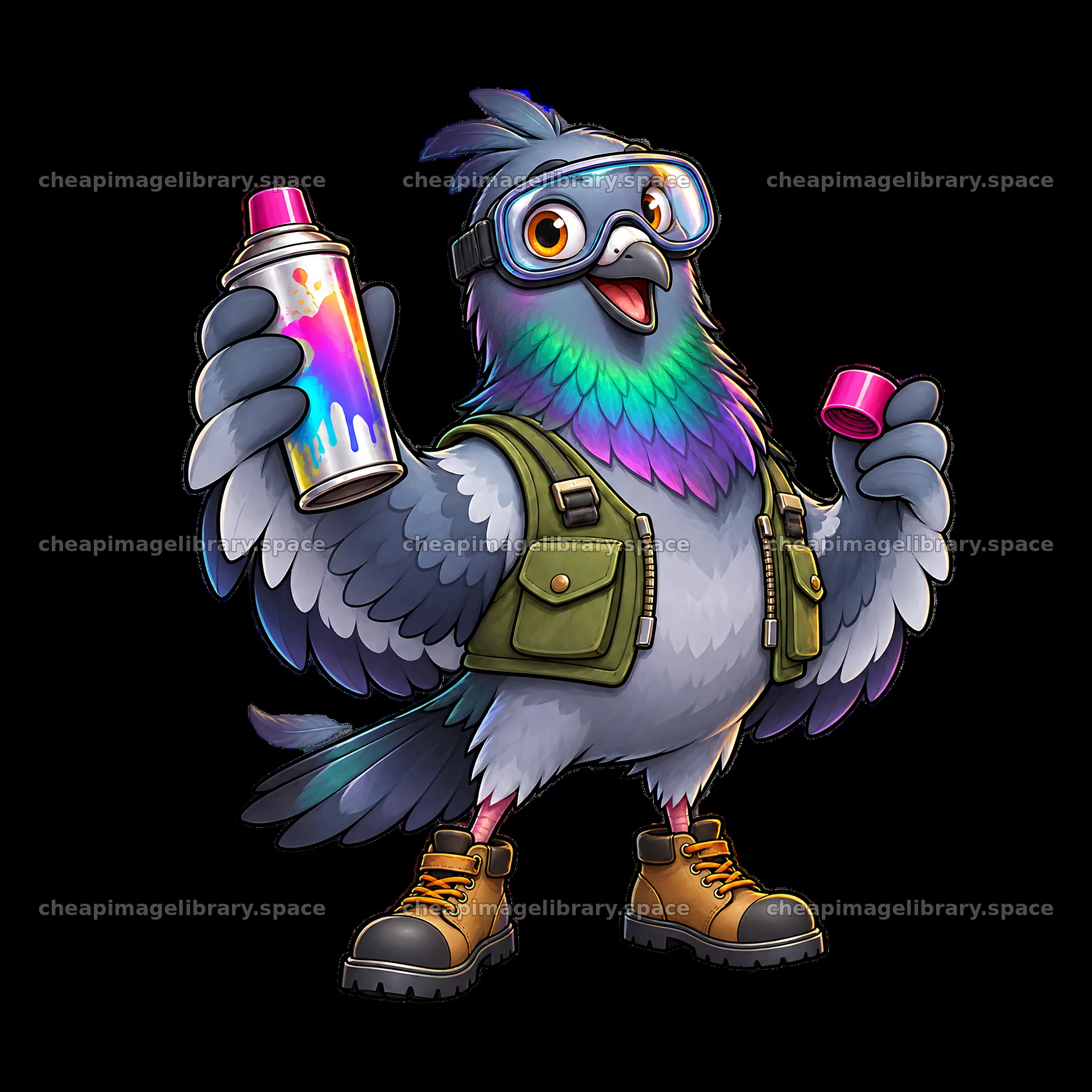 Pigeon graffiti sprayer wearing goggles and boots with spray can – image library 7746x7746