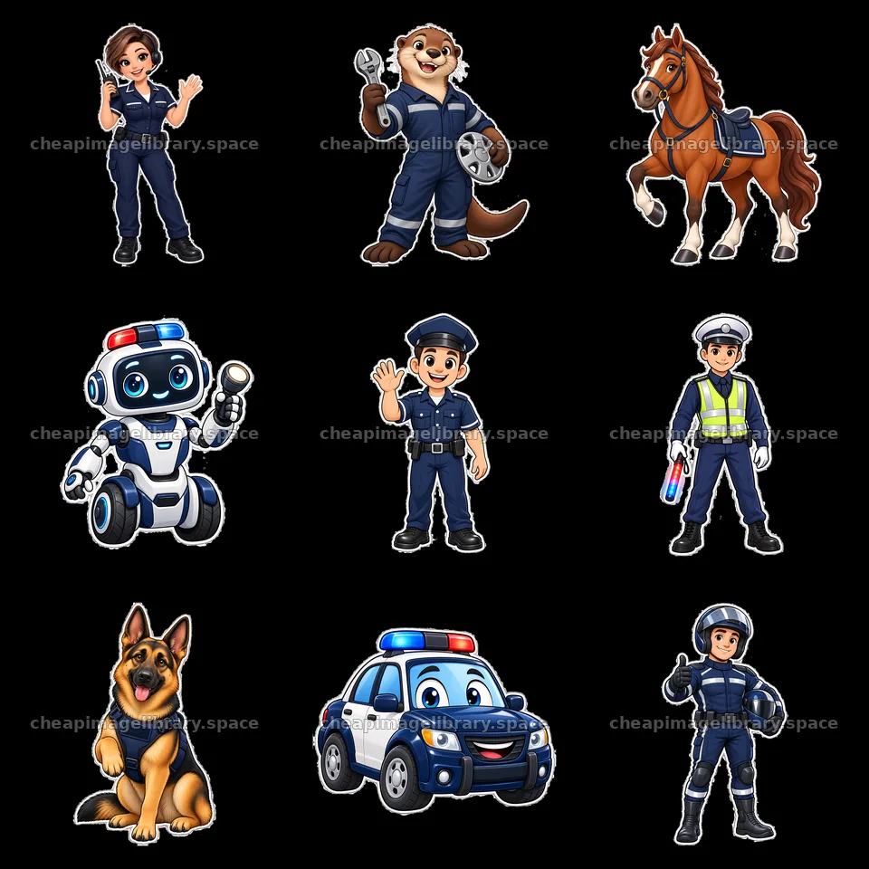 Cartoon police characters with various roles and activities in a – image library 7746x7746