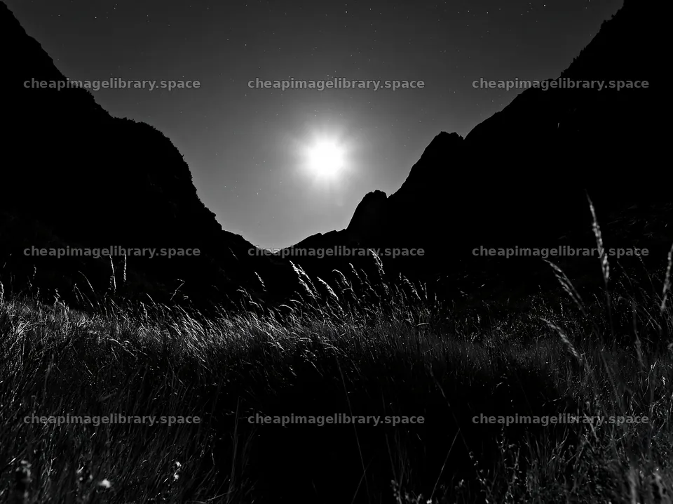 Meadow under crags with moonlight shining down – image library 9174x6866