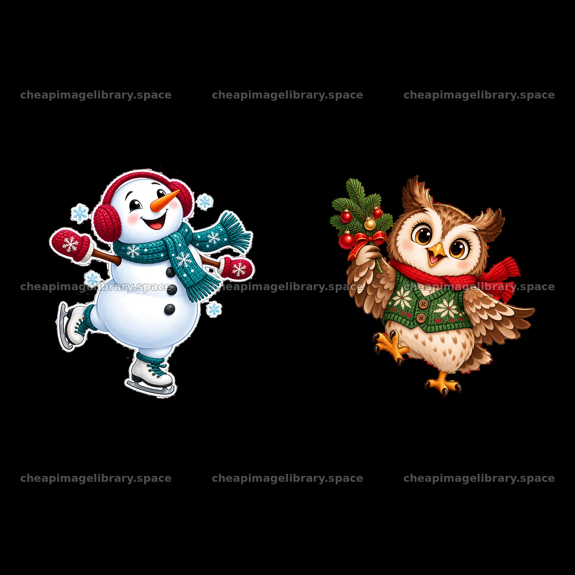 Snowman ice skating with owl holding Christmas branch – image library 7746x7746