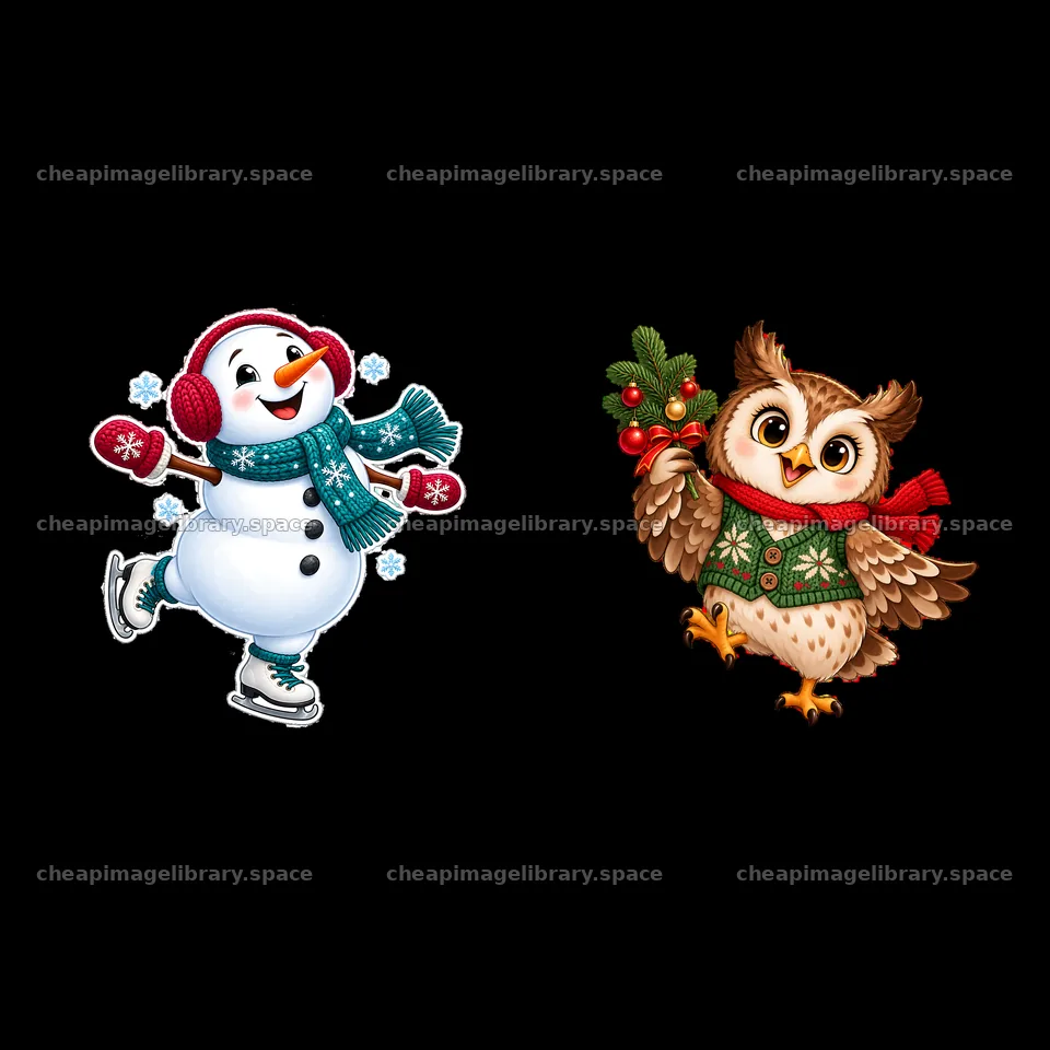 Snowman ice skating with owl holding Christmas branch – image library 7746x7746