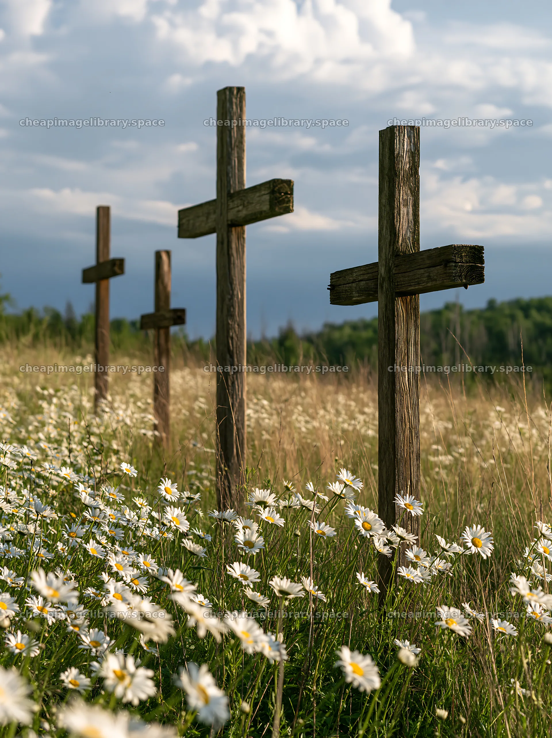 Three Christian crosses in a meadow with flowers – image library 6866x9174