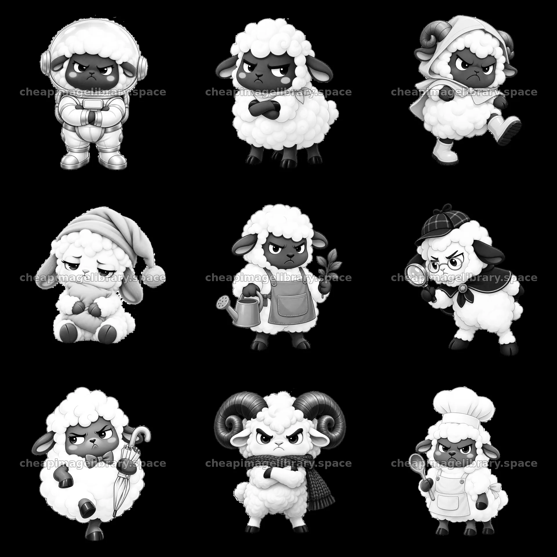Kawaii grumpy sheep in various activities and costumes – image library 7746x7746
