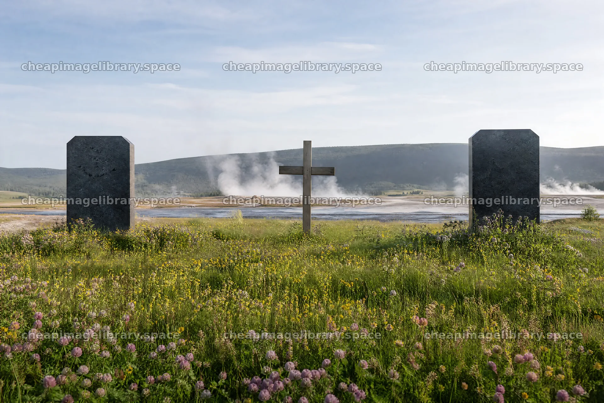Wooden Christian cross in hot spring meadow with stone pillars – image library 9722x6480