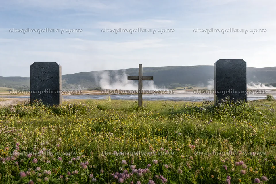 Wooden Christian cross in hot spring meadow with stone pillars – image library 9722x6480