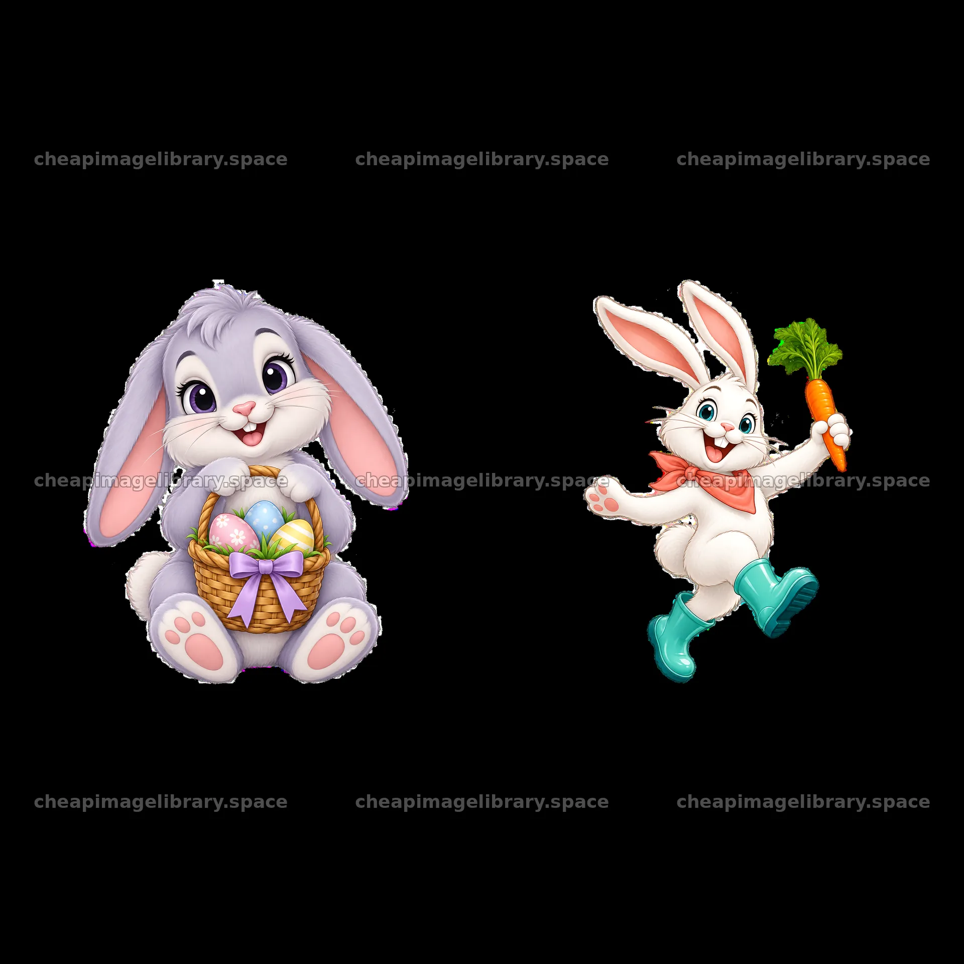 Cute cartoon Easter bunny with basket and bunny holding carrot – image library 7746x7746