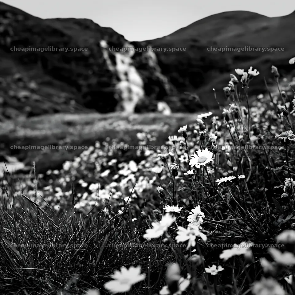 Wildflower meadow under cascading falls – image library 7938x7938