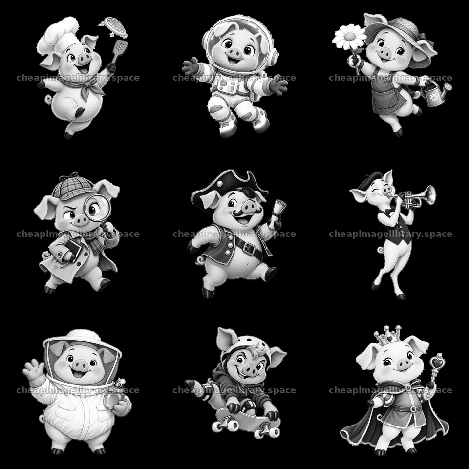 Cartoon pigs in various outfits and activities in a grid layout – image library 7746x7746