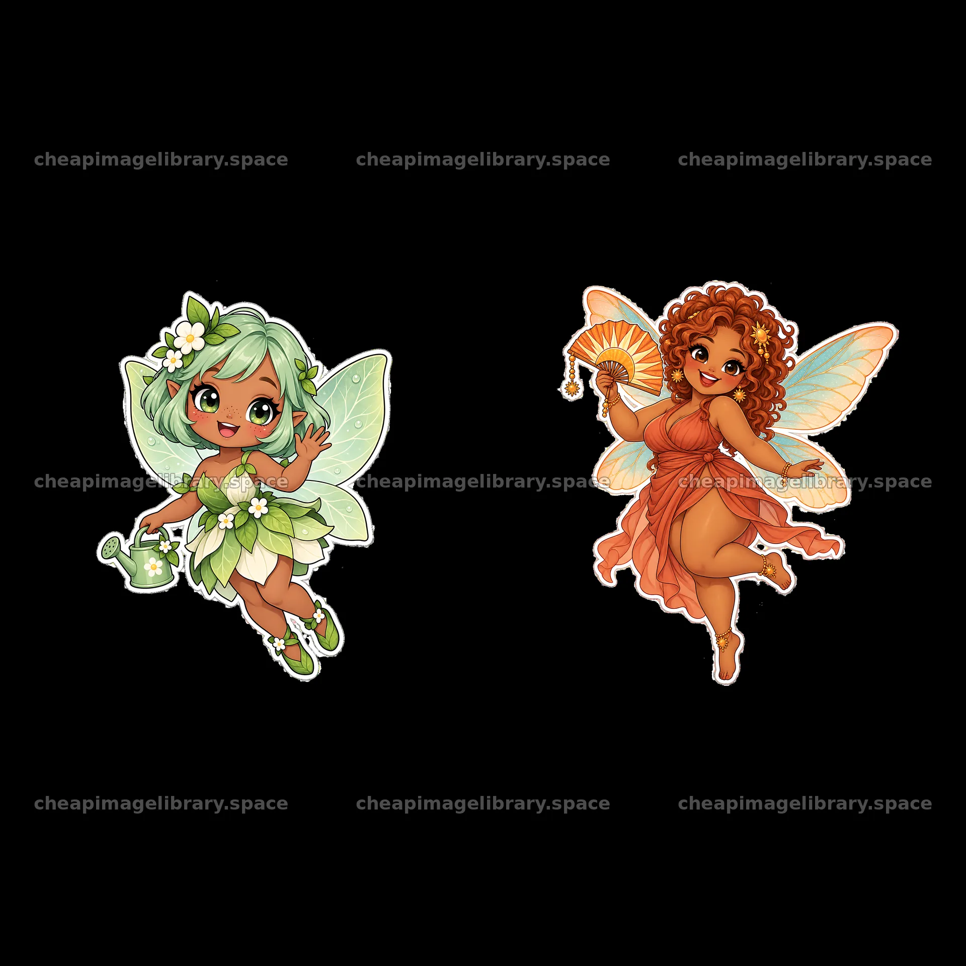 Kawaii chubby fairies with watering can and fan in pair – image library 7746x7746