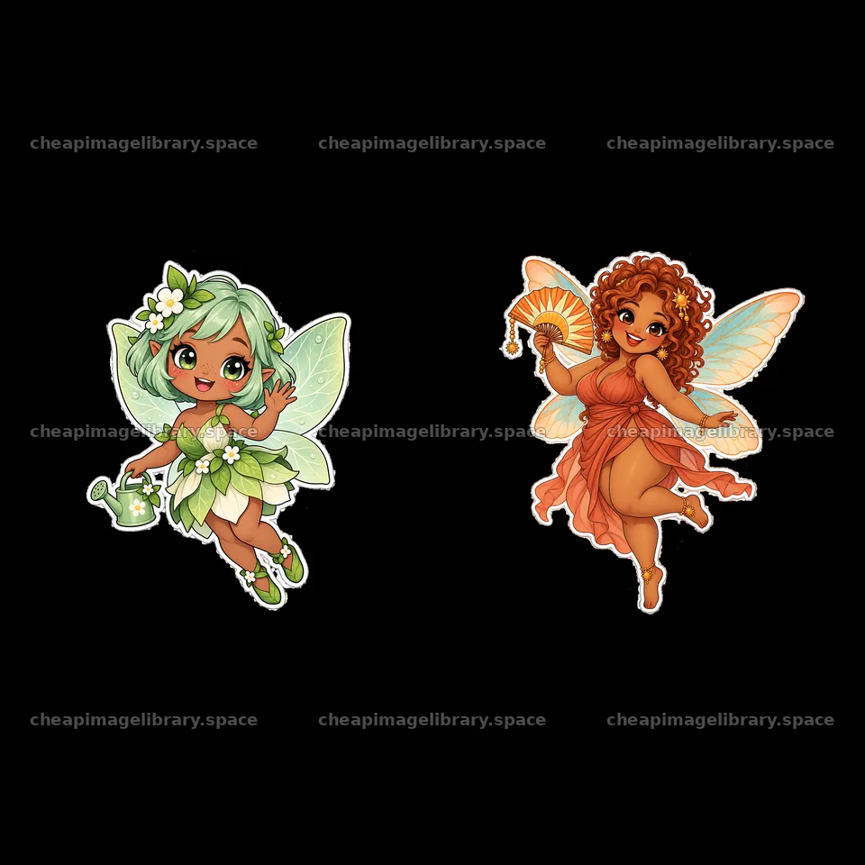 Kawaii chubby fairies with watering can and fan in pair – image library 7746x7746