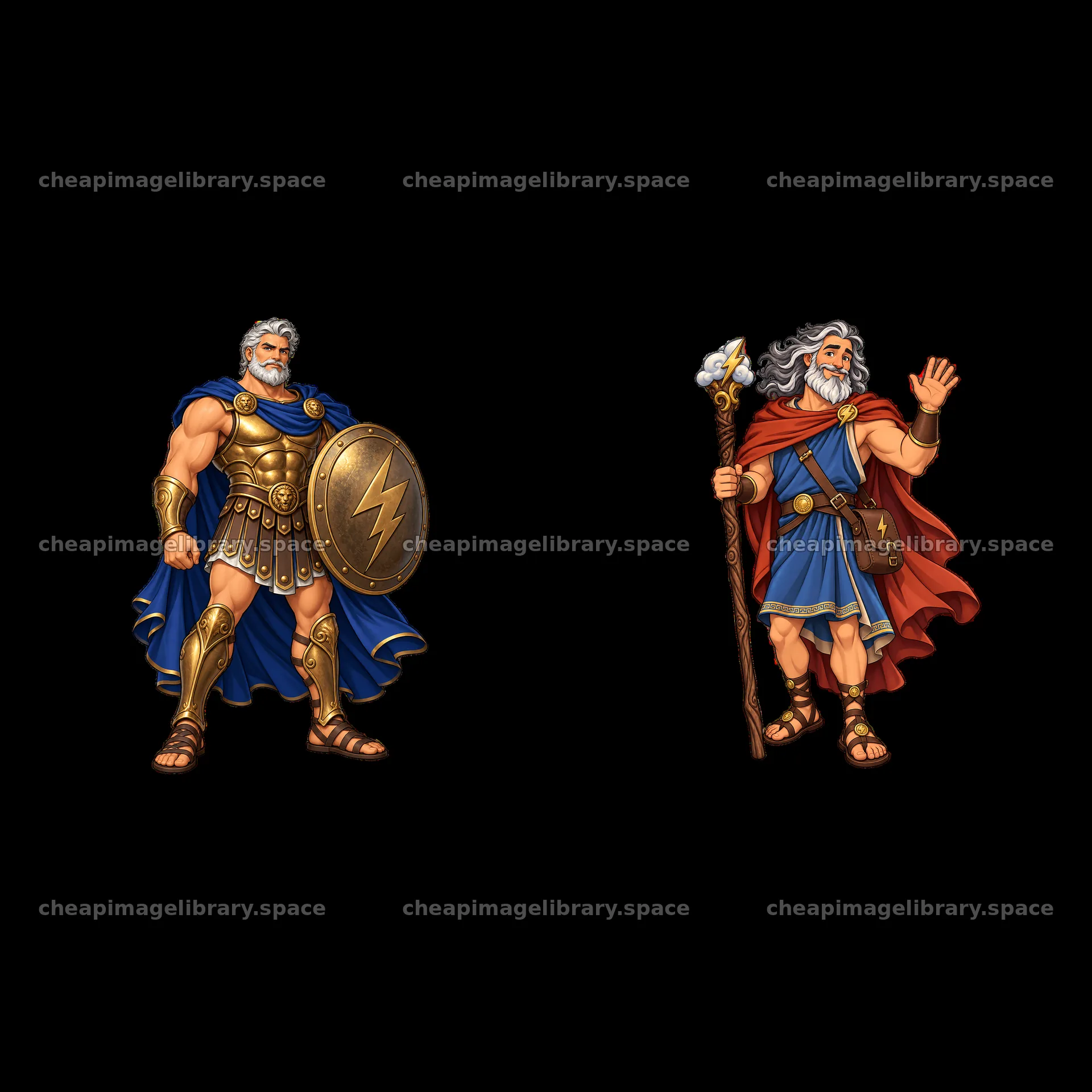 Zeus and warrior characters in cartoon style illustration – image library 7746x7746