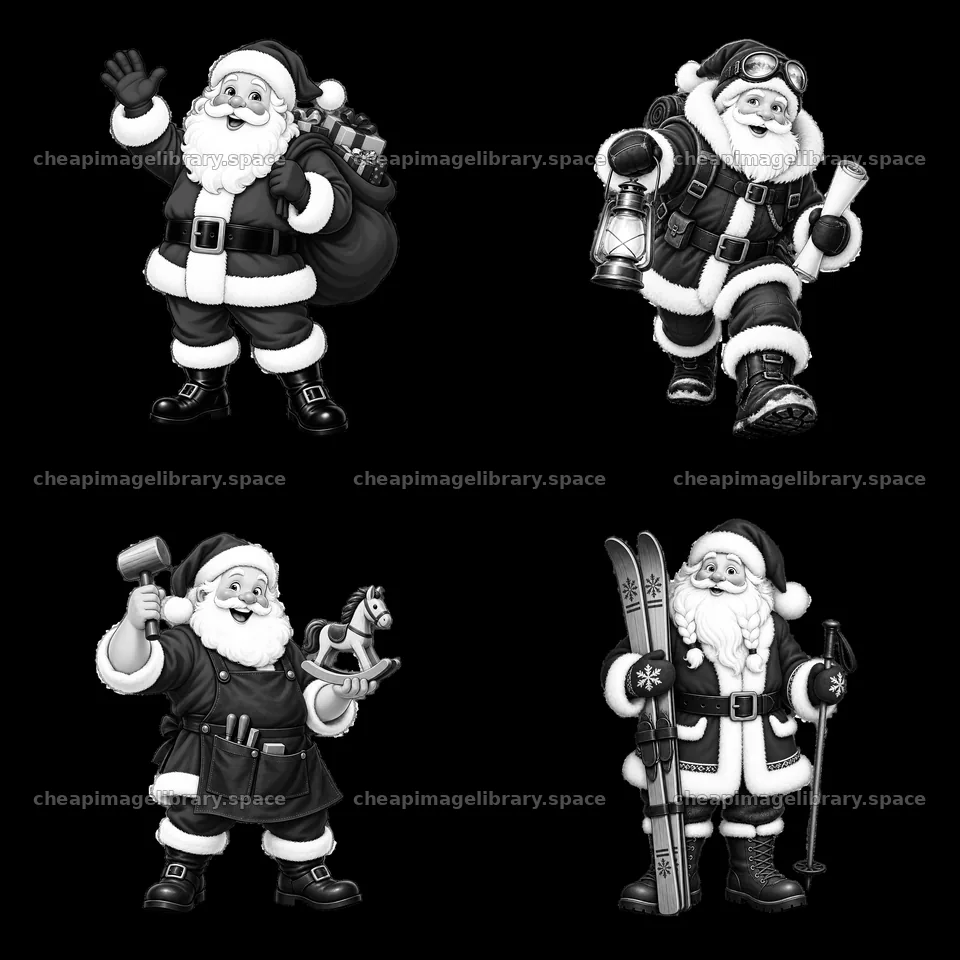 Santa Claus characters in various outfits and activities – image library 7746x7746