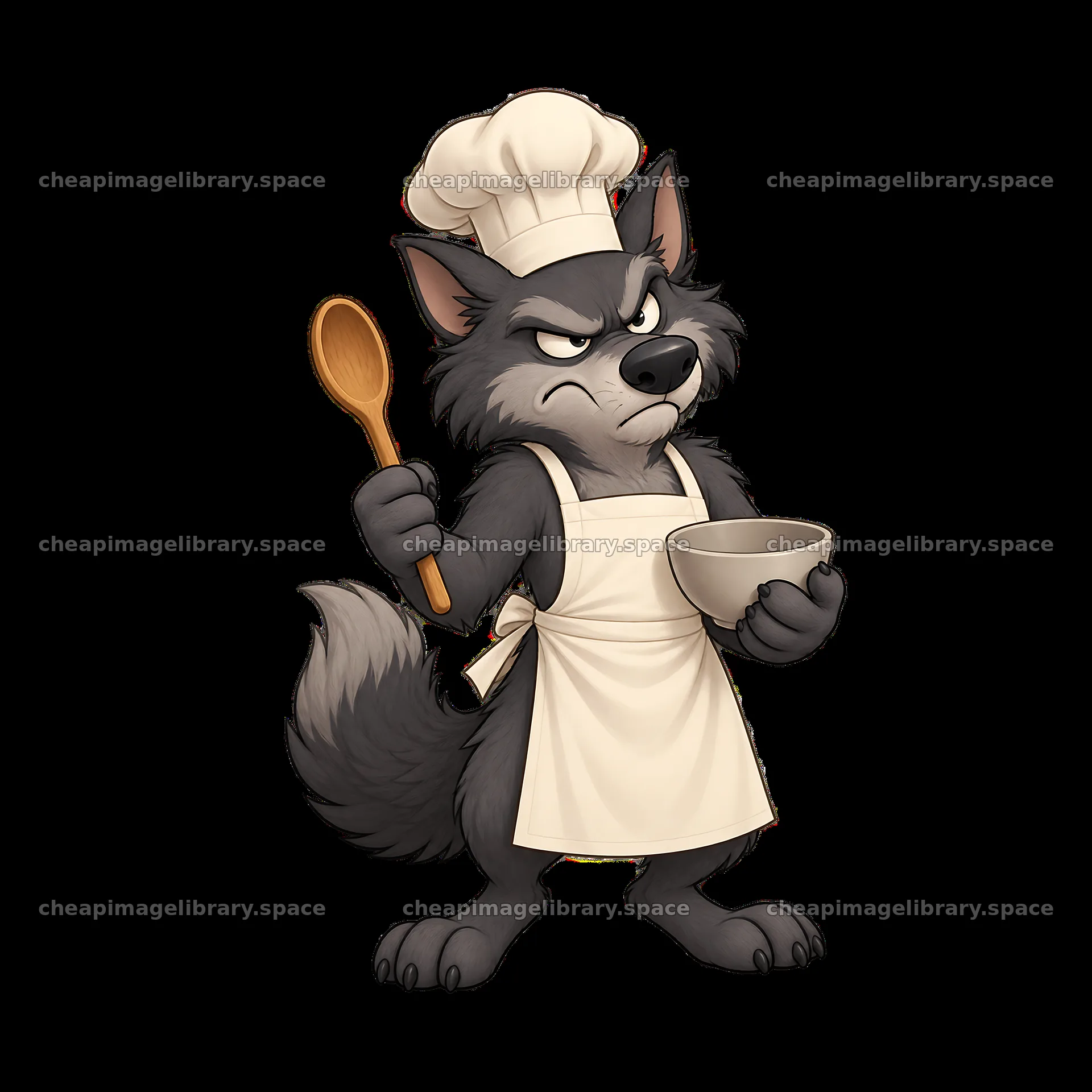 Grumpy wolf chef holding a spoon and bowl in kitchen attire – image library 7746x7746